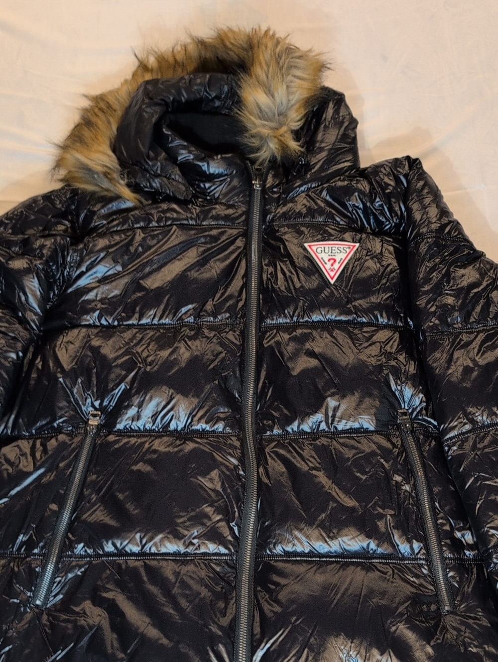 GUESS Black Shiny Quilted Puffer Jacket with Faux-Fur Hood Trim